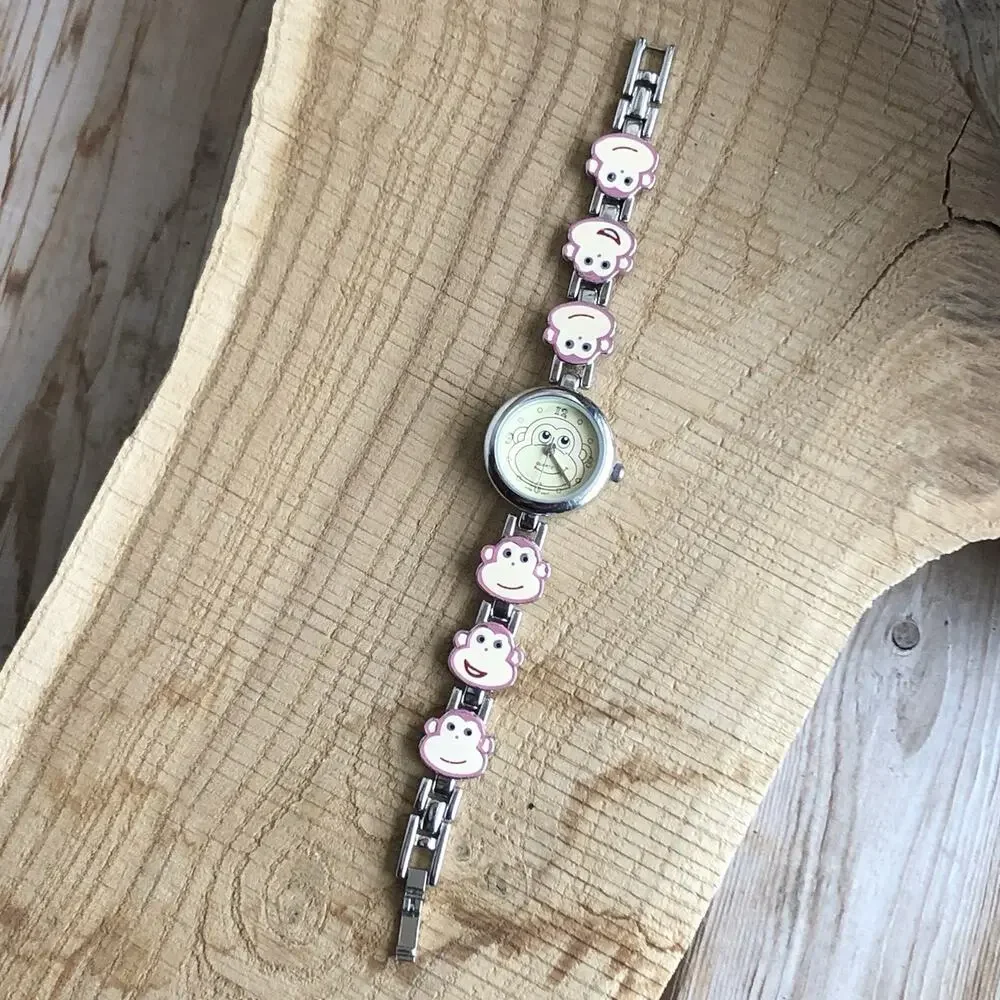 Pink Monkey Face Watch Bracelet Quartz‎ Girls Kids Enameled Metal Retro Cute